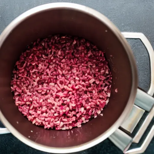 Prompt: a pot full of raw mince being mixed up by hands, pov, 4 k