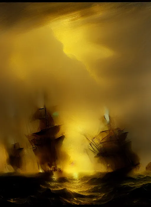 Image similar to an extremely detailed masterpiece of the sailing vessel bonhomme richard with canons discharging in early evening, in the style of j. m. w turner, epic scene, extremely moody lighting, glowing light and shadow, atmospheric, shadowy, cinematic, 4 k