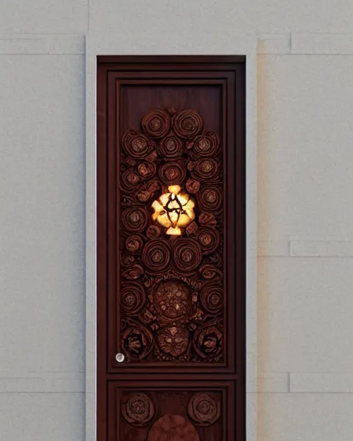 Prompt: celestial door with cosmic inscriptions glowing, mahogany burl wood door with intricate ivory carved flowers, gilding, artstation, sylvain sarrailh, 3 d