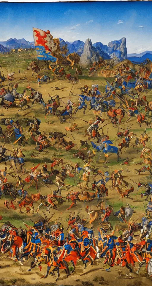 Image similar to colorful simple wideshot of a small medieval battle in front of a beautiful large blue mountainscape, painting