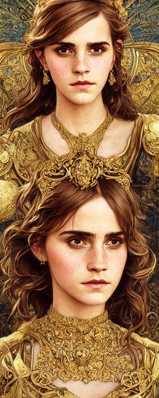 Image similar to photo photorealistic portrait closeup photograph full body art nouveau portrait of Emma Watson ornate intricate golden battle armor, intricate, elegant, highly detailed, digital painting, artstation, concept art, smooth, sharp focus, illustration, art by John William Waterhouse and greg rutkowski and Donato Giancola and alphonse mucha