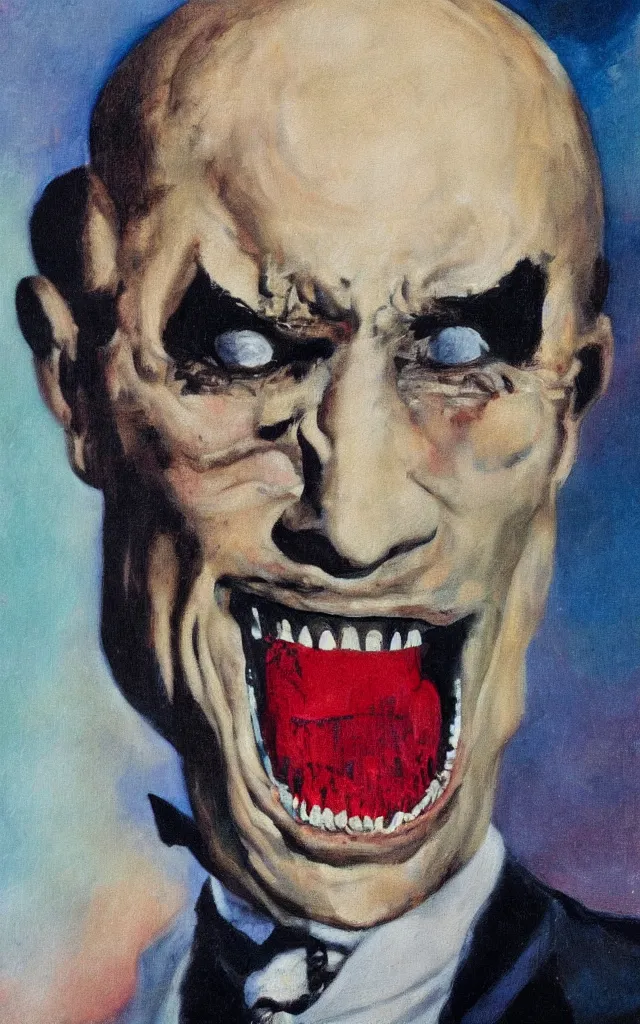 Prompt: portrait of conrad veidt the man who laughs wide grin, award winning oil painting, sharp color palette