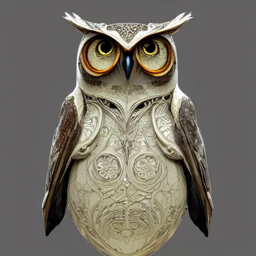 Image similar to cute owl, organic, epic, baroque art nouveau, manga, james jean, mucha, yoshitaka amano, photorealistic rendering, 3 ds max + v - ray, extremely detailed and complex, center composition, elegant, vfx, unreal engine 5, octane rendering, very contrasting, very sharp lines