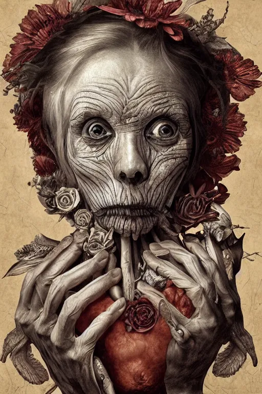 Image similar to Detailed maximalist portrait of a beautiful old woman with large lips and eyes, scared expression, botanical skeletal with extra flesh, HD mixed media, 3D collage, highly detailed and intricate, surreal illustration in the style of Caravaggio, dark art, baroque, centred in image