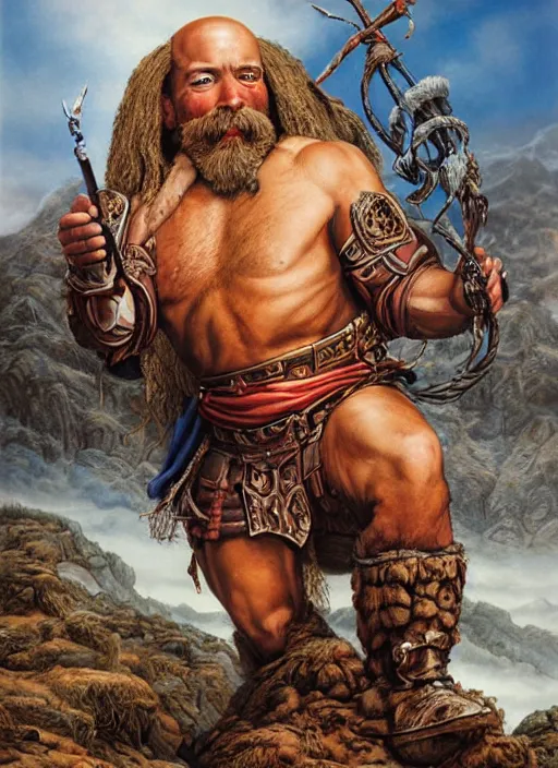 Image similar to a highly detailed symmetrical airbrush painting of a bald warrior male dwarf with long brown beard in a mountainous landscape, art by mark brooks, jason edmiston, glenn fabry