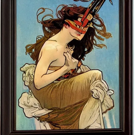 Prompt: female fighter, war paint, sword, painted by alphonse mucha