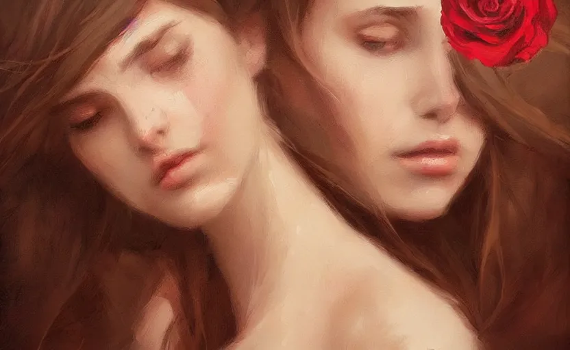 Image similar to a painting of virtualrose trending on artstation in the style of greg rutkowski, beautiful, young female, sensual, natural skin, brown hair, red rose in hair, natural sensuality