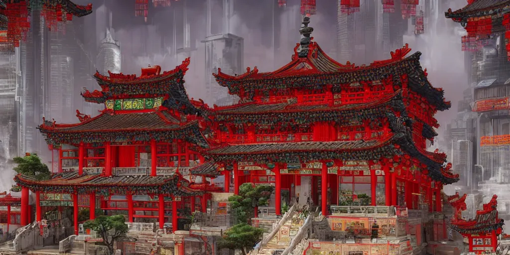 Image similar to a cyberpunk style chinese temple, detailed, atmospheric, 8 k