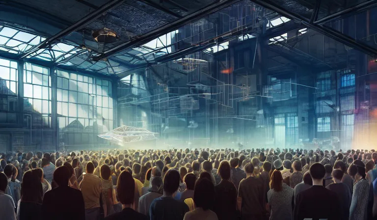 Image similar to crowd of people in simple walled warehouse, looking at hologram of futuristic city on a table, cinematic concept art, godrays, golden hour, natural sunlight, 4 k, clear details, tabletop model buildings, center model buildings, hologram center, crane shot, crane shot, crane shot