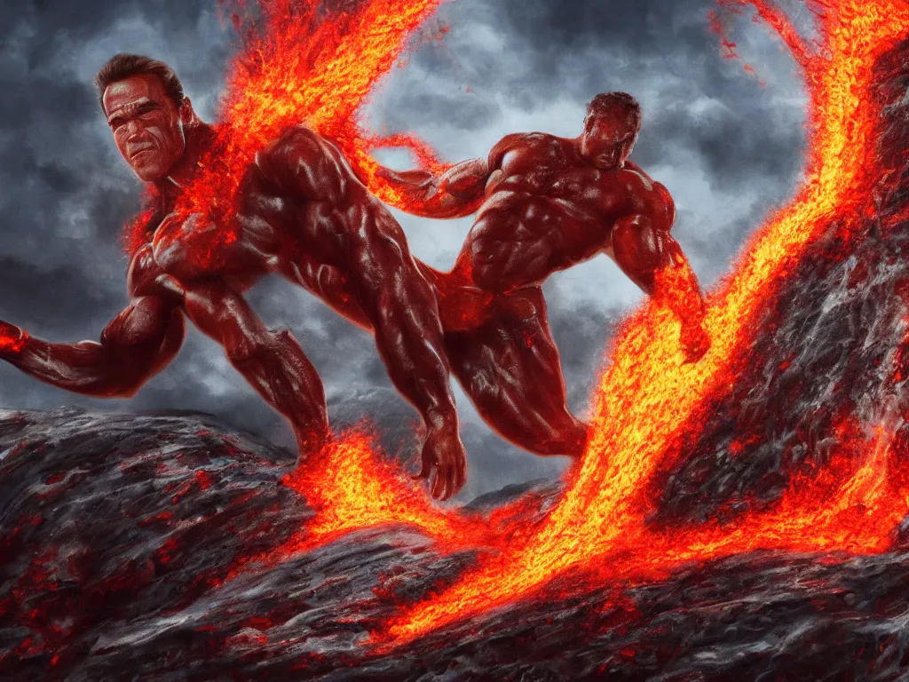 Prompt: arnold schwarzenegger surfing on lava, muscular, erupting volcano, stunning scene, 8 k, extremely detailed digital painting, depth, bright colors, trending on artstation