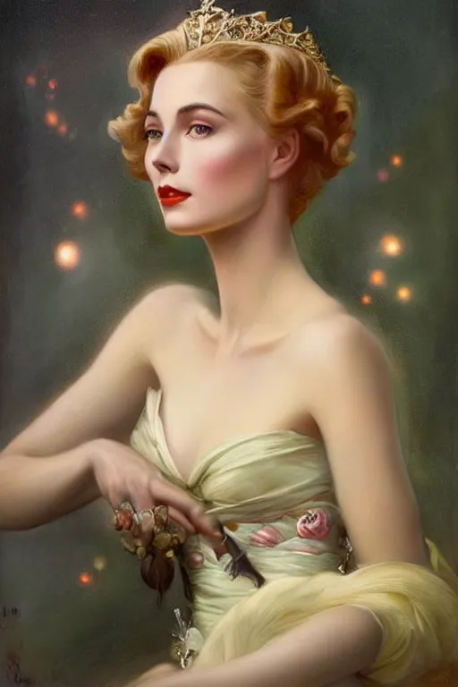 Image similar to a young and extremely beautiful grace kelly infected by night by tom bagshaw in the style of a modern gaston bussiere, art nouveau, art deco, surrealism. extremely lush detail. melancholic scene infected by night. perfect composition and lighting. profoundly surreal. high - contrast lush surrealistic photorealism. sultry and mischievous expression on her face.