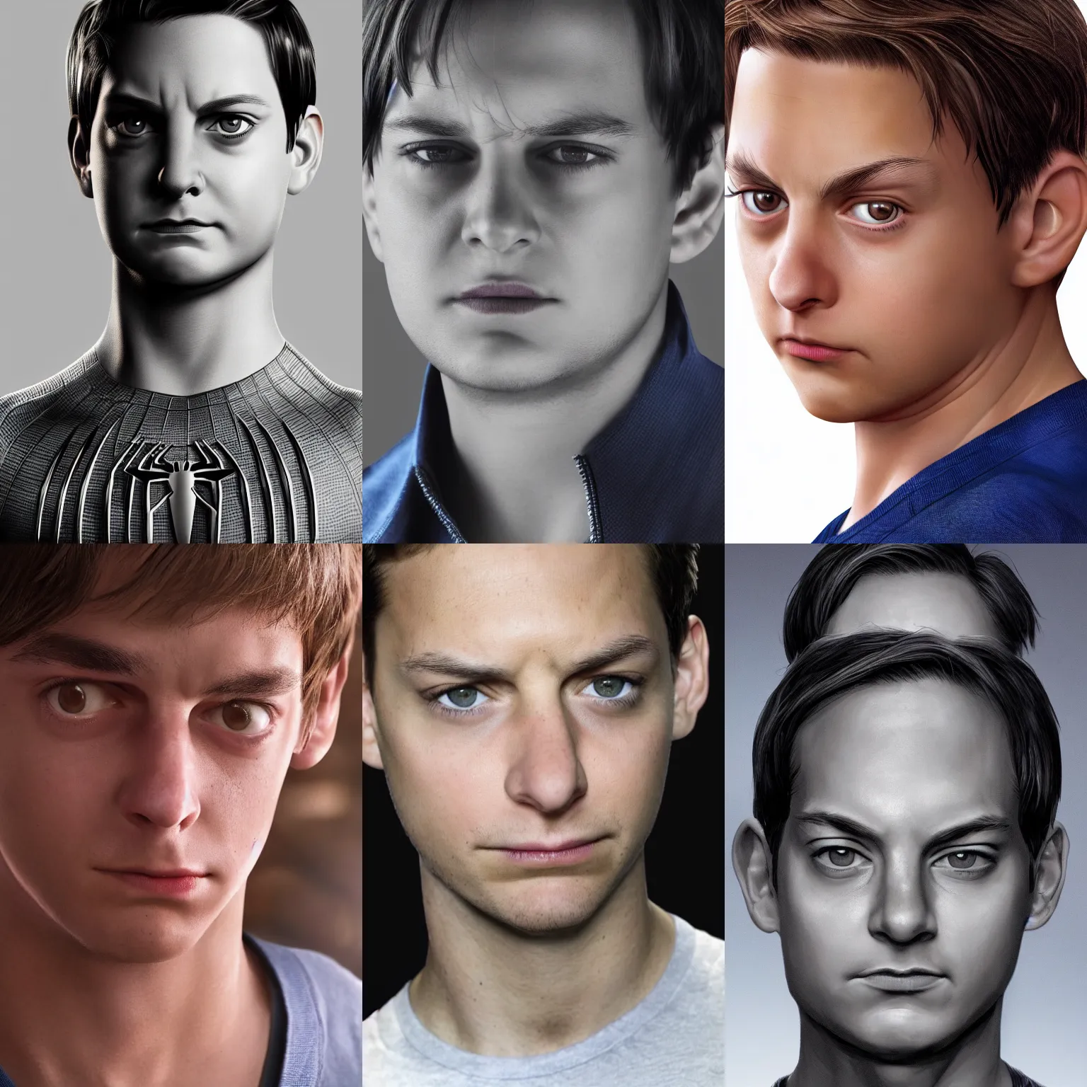 Prompt: teenaged Tobey Maguire as Ultimate Spider-Man, close-up portrait, 4k, detailed face, stoic expression, studio lighting