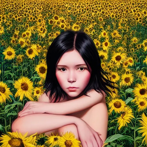 Prompt: oil painting by ilya kuvshinov,, baugh casey, rhads, coby whitmore, of a youthful japanese idol, long hair, in fetal position, outdoors in a bed of grass amidst a sunflower field, highly detailed, breathtaking face, studio photography, dawn, intense subsurface scattering, blush, supple look, innocence, intense sunlight