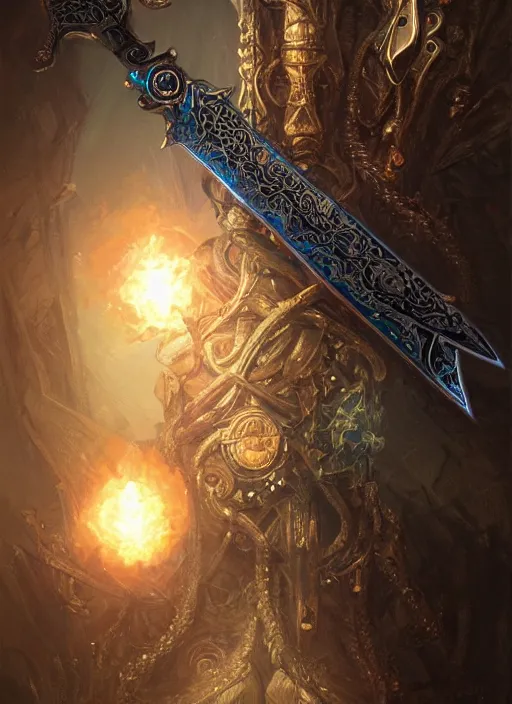 Image similar to legendary sword of technology, intricate black and iridescent blade, ornate gothic baroque spikes, glowing handle, detailed realistic, ray tracing, colored gems, art by greg rutkowski