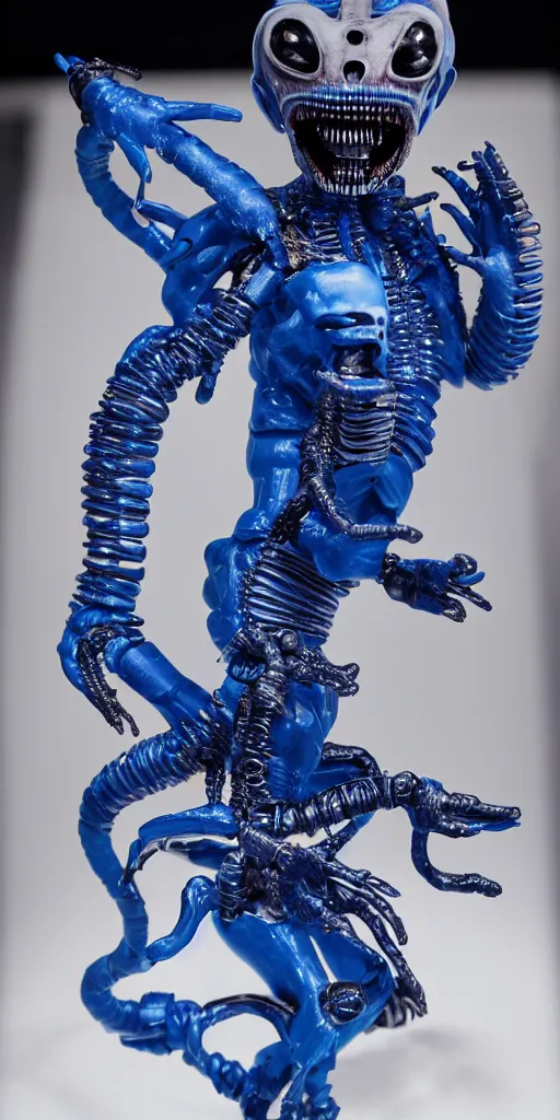 Image similar to blue demon with xenomorph intricated jewelry figure plastic jumping in a runway fashion show, realistic photography paparazzi by Nick Knight