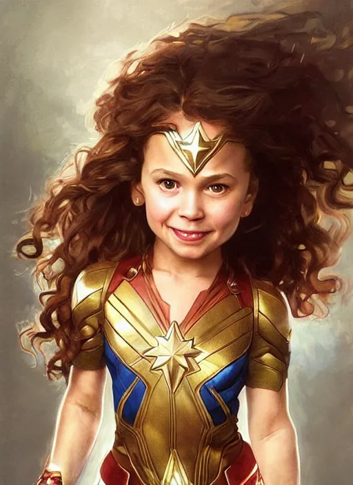 Image similar to a little girl with a mischievous face and light brown curly wavy hair. she is dressed as captain marvel, wonder woman, captain america, a superhero. clean elegant painting, beautiful detailed face. by artgerm and greg rutkowski and alphonse mucha