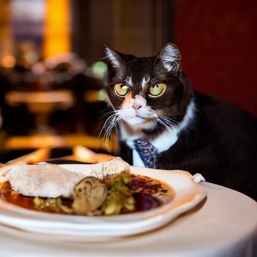 Image similar to A photo of a cat wearing a suit sitting in a fancy and expensive gourmet restaurant and eating a plate of cat food. f/2.8, dim lighting, award winning photo