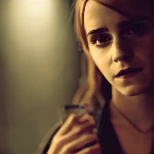 Prompt: photo, close up, emma watson in warehouse, dim light, low light, fog, android cameraphone, snapchat story screenshot, 2 6 mm,