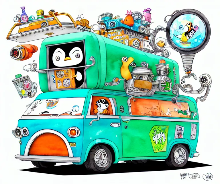 Prompt: cute and funny, penguin riding in a tiny mystery machine van with an oversized engine, ratfink style by ed roth, centered award winning watercolor pen illustration, isometric illustration by chihiro iwasaki, edited by range murata, tiny details by artgerm and watercolor girl, symmetrically isometrically centered, sharply focused