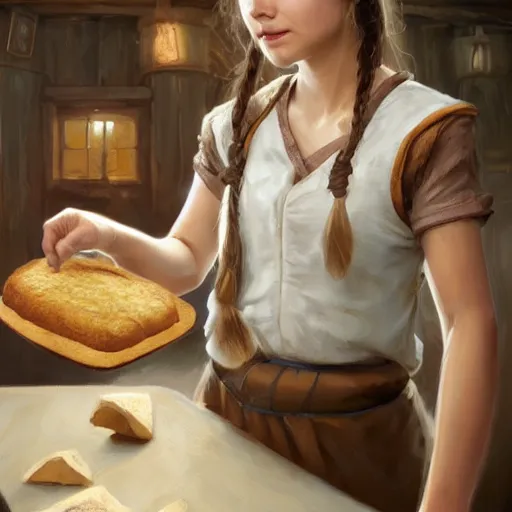 Prompt: epic portrait An waitress enjoying loaf of bread, white uniform, short sleeved, brown long haired, blurry viking village backround, digital painting, artstation, concept art, soft light, hdri, smooth, sharp focus, illustration, fantasy, intricate, elegant, highly detailed, D&D, matte painting, in the style of Greg Rutkowski and Alphonse Mucha and artemisia, 8k, highly detailed, jurgens, rutkowski, bouguereau, pastoral, rustic, georgic