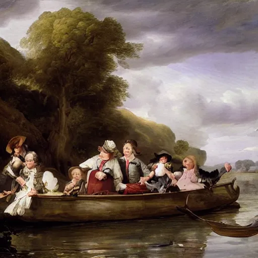 Image similar to cinnabun by jacob van ruisdael, by warren ellis, by charles spencelayh ultradetailed. the computer art of a group of well - dressed women & children enjoying a leisurely boat ride on a calm day. the women are chatting & laughing while the children play with a toy boat in the foreground.