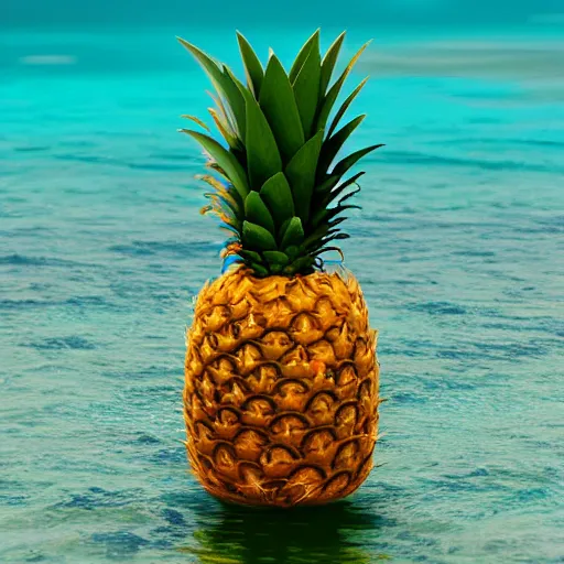 Image similar to a pineapple floating in the middle of the ocean, realistic, beautiful lighting