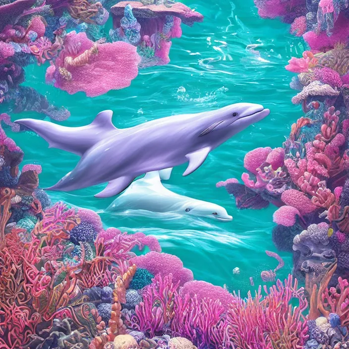 Image similar to trending on artstation, highly detailed, vaporwave surreal ocean, dolphins, pool, checkerboard pattern underwater, cuastics, award winning masterpiece with incredible details, artstation, a surreal vaporwave vaporwave vaporwave vaporwave vaporwave painting by thomas cole of an old pink mannequin head, flowers growing out of its head, sinking underwater, highly detailed