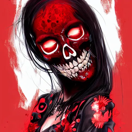 Image similar to Female death holding a ((red and black skull)), kodachrome, high contrast, highly detailed, sharp focus, digital painting, concept art, illustration, trending on artstation