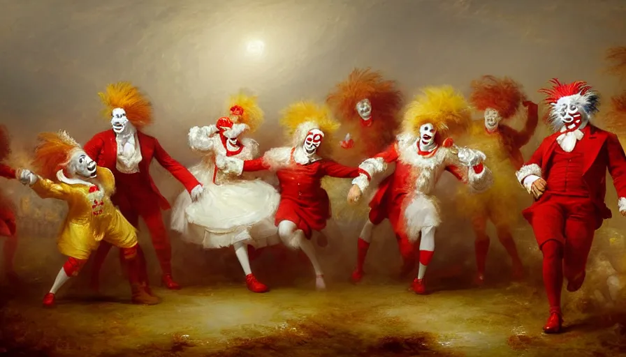 Prompt: highly detailed painting of a group of ronald mcdonalds with red afros, white facepaint, red noses and yellow waltzing gracefully at a prestigious event by william turner, by greg rutkowski, by william constable, thick brush strokes and visible paint layers, 4 k resolution