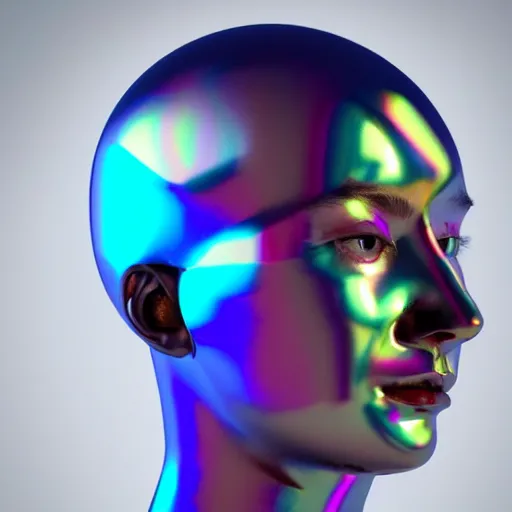 Image similar to 3d render of holographic human robotic head made of glossy iridescent, surrealistic 3d illustration of a human face non-binary, non binary model, 3d model human, cryengine, made of holographic texture, holographic material, holographic rainbow, concept of cyborg and artificial intelligence