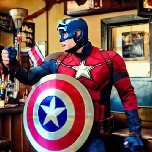 Image similar to captain america fighting the customers in a british pub