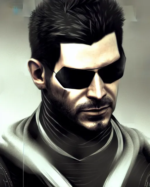 Image similar to portrait of adam jensen, deus ex influence, cyberpunk influence, artstation trending, deviantart, highly detailed, focus, smooth, by hirohiko araki, yoshitaka amano