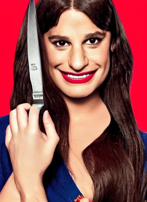 Prompt: glee sequel poster where rachel berry is the villain, evil bloody serial killer lea michele in rags with knife cackling maniacally, with text, dark disturbing version of glee, airing in 2 0 2 3, high quality detail, close - up of rachel's face