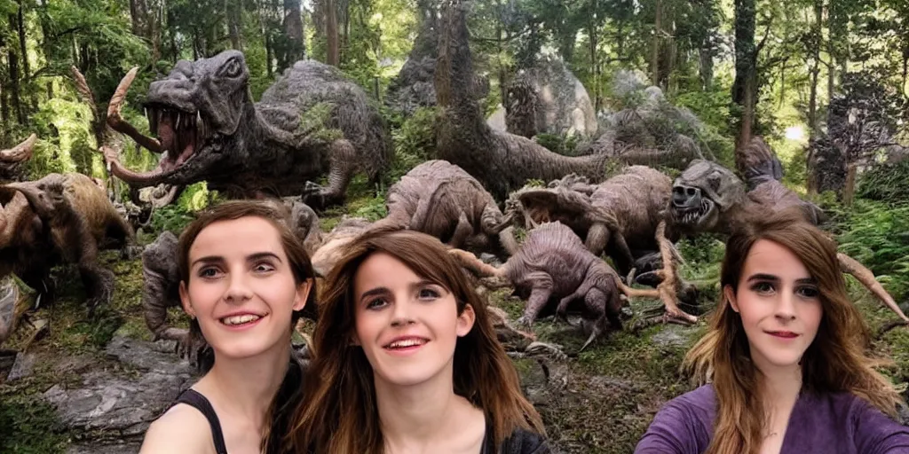 Prompt: photo, three hairy fat cave people, emma!! watson!!, looking at camera, surrounded by dinosaurs!, gigantic forest trees, sitting on rocks, bright moon, birthday cake on the ground, front close - up view of her face, selfie