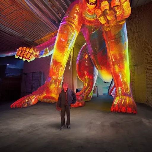 Prompt: octane render by mort kunstler and annie leibovitz and angus mckie, a giant massive huge inflatable monstrous creature made out of clear plastic and filled with colorful glowing liquid that's spraying out of both arms like a fire house, 4 d, 4 k, volumetric lighting, ray traced lighting, ultra - detailed