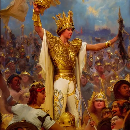 Image similar to a young man wearing a golden crown after overcoming his fear or death, standing above a cheering crowd, highly detailed painting by gaston bussiere and j. c. leyendecker 8 k