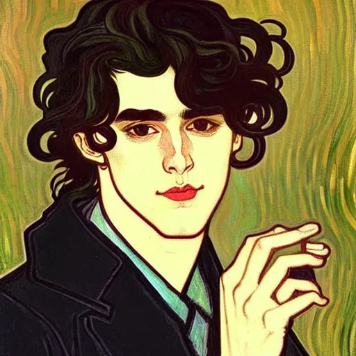 Prompt: painting of handsome beautiful dark medium wavy hair man in his 2 0 s named shadow taehyung at the cucumber and banana soup party, elegant, clear, painting, stylized, delicate, soft facial features, art, art by alphonse mucha, vincent van gogh, egon schiele