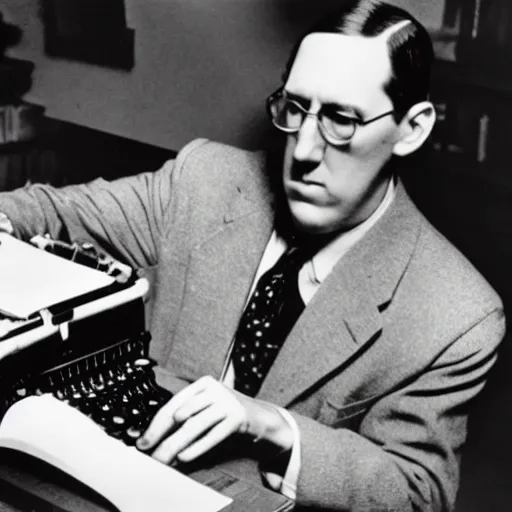 Prompt: Howard Philips Lovecraft, manically typing a story on a typewriter, taken from above, high quality, extremely realistic, award winning