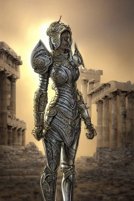 Image similar to portrait knights of Zodiac girl, metallic Silver and ice color reflected armor, in ruin Agora of Athens, ssci-fi, fantasy, intricate, very very beautiful, elegant, golden light, highly detailed, digital painting, artstation, concept art, smooth, sharp focus, illustration, art by art by tian zi and artgerm and greg rutkowski and alphonse mucha and loish and WLOP