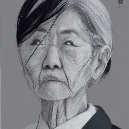 Image similar to portrait of an elderly Japanese woman dressed on a suit and tie, her gray hair in a tight bun, a serious expression on her face, digital art, elegant pose, illustration
