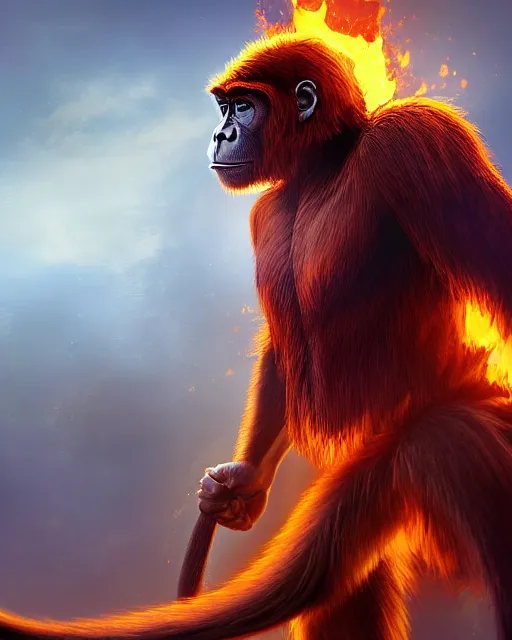 Image similar to fury art, an anthro ape monkey wearing a large cape and a fantasy armor, fire, fiery background, 3 d, 8 k, extremely detailed, trending on furaffinity, trending on artstation, award winning, sharp focus, illustration