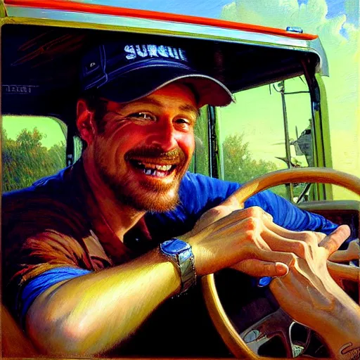 Prompt: beautiful painting of a truck driver sitting in his truck, interior, detailed face, happy smile, trucker hat, painting by gaston bussiere, craig mullins