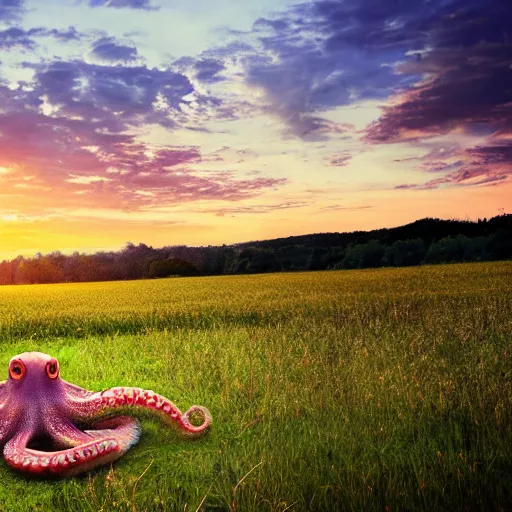 Prompt: realistic octopus in a field. france, dordogne, hills, ultra high,, detail, 8 k, sunset, flowers, trees, river, hills, octane render.