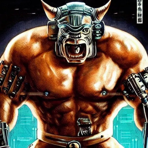 Prompt: very buff very huge very muscolar excessively big buff samurai wearing a scary Oni mask. Cybernetic cyber cybernetic cyber cyberpunk. Sci-fi movie still