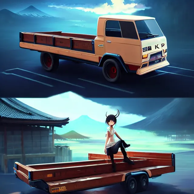 Image similar to epic professional digital art of Japanese Kei flatbed mlik minitruck , best on artstation, cgsociety, wlop, Behance, pixiv, astonishing, impressive, outstanding, epic, cinematic, stunning, bounce lighting, gorgeous, concept artwork, much detail, much wow, masterpiece.