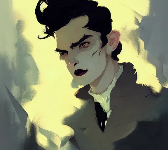 Image similar to portrait victorian man with black hair and yellow eyes, by atey ghailan, by greg rutkowski, by greg tocchini, by james gilleard, by joe fenton, by kaethe butcher, by ashley wood, dynamic lighting, gradient light blue, brown, blonde cream and white color scheme, grunge aesthetic