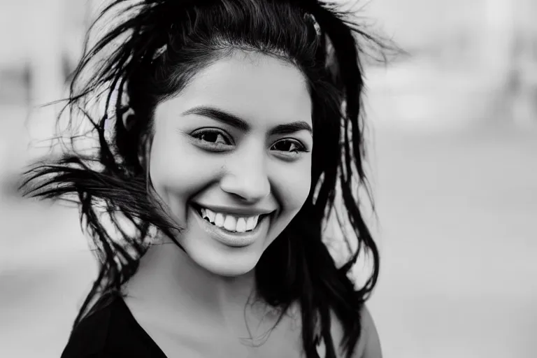 Image similar to still photo of a beautiful mexican woman smiling at the camera on the street, black and white color aesthetic, highly detailed, photorealistic portrait, bright studio setting, studio lighting, crisp quality and light reflections, unreal engine 5 quality render