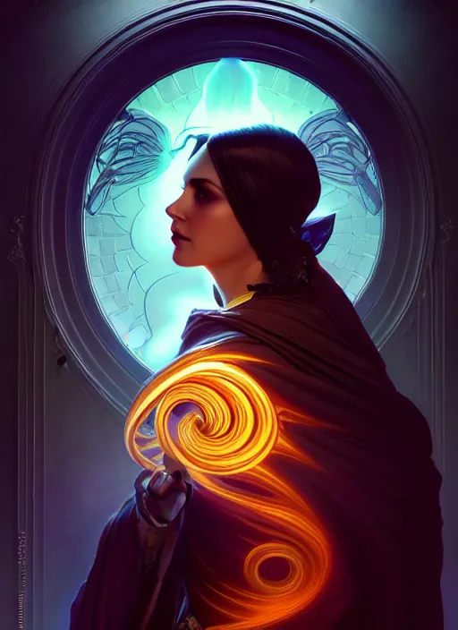 Image similar to e - book cover, side portrait, dark witch with black hood and evil eyes, realism, soft, smooth, luminescent, art nouveau tarot, backlit glow, colorful swirly ripples, gaudy colors, aesthetic octane render, unreal engine, 8 k, by artgerm, greg rutkowski, alphonse mucha