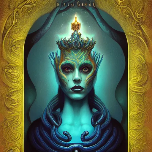 Image similar to queen of snakes, crown of snakes, blue skin, royal, by Anato Finnstark, Tom Bagshaw, Brom