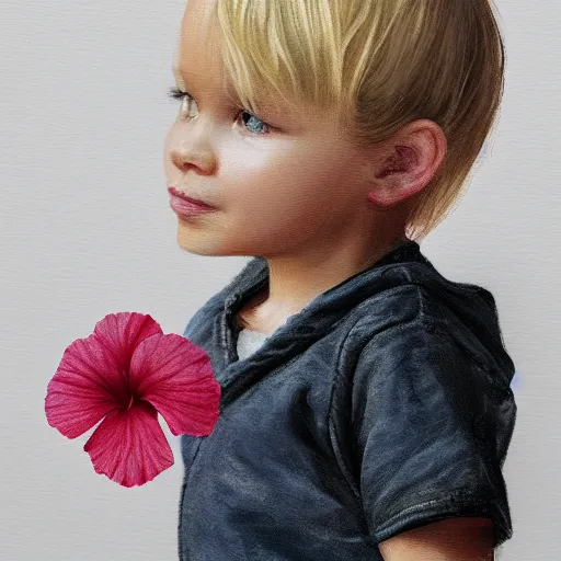 Image similar to 3 year old swedish girl, blonde, hibiscus in hair, artstation